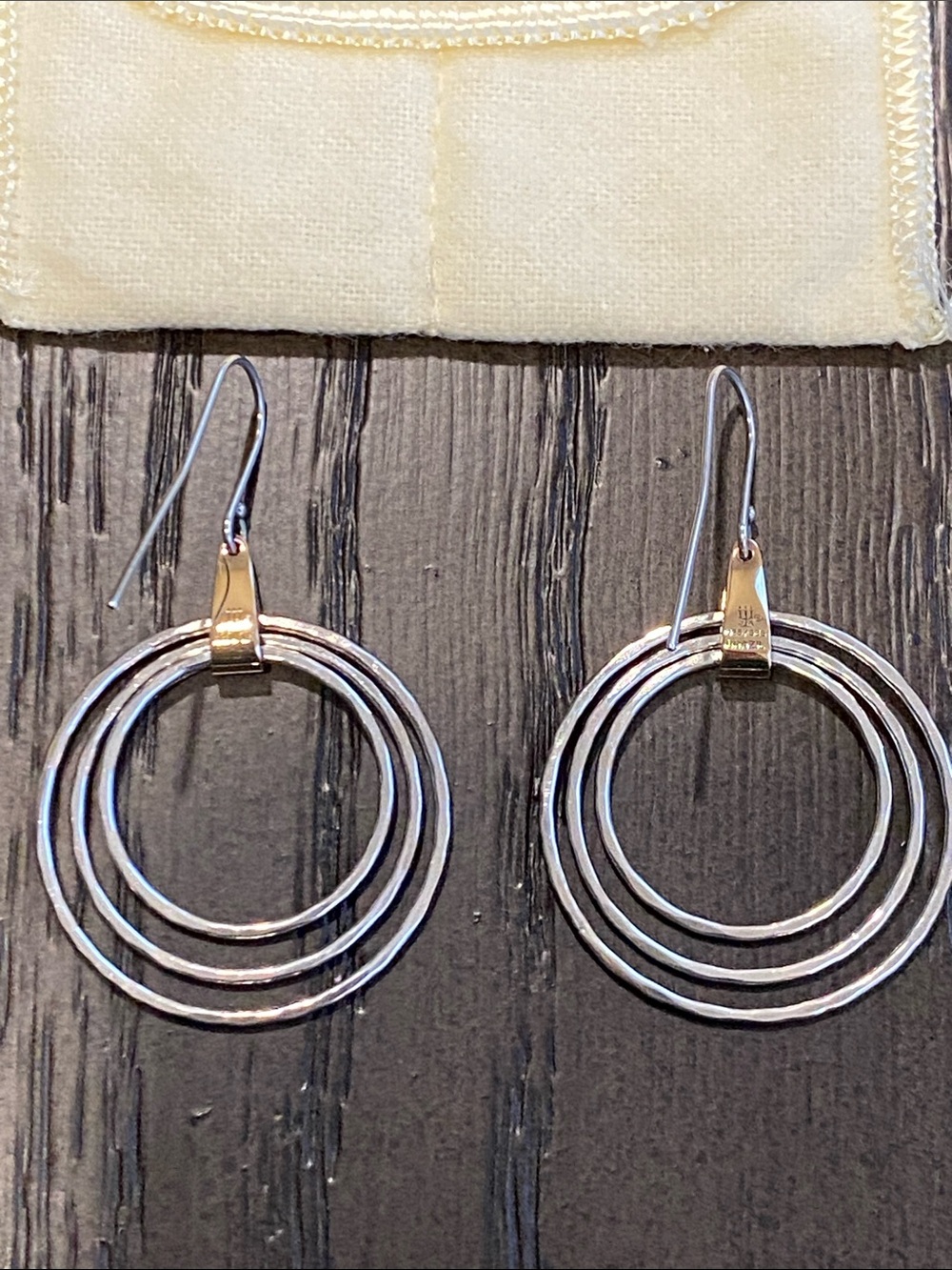 JAMES AVERY-Retired-Gold & Sterling Silver 3-Hammerd Triple Circle Earrings - Picture 3 of 7